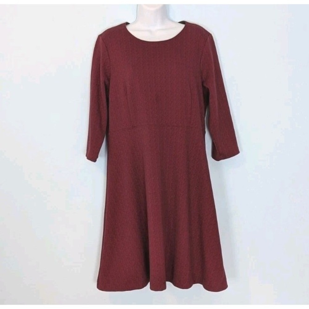 Lands' End Flare Dress Women's Large Petite Burgundy Herringbone Pattern 14/16